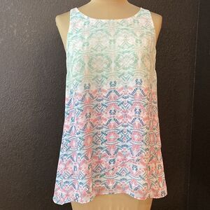 Cabi sea green, pink, blue medallion‎ print sleeveless layered flowy tunic top